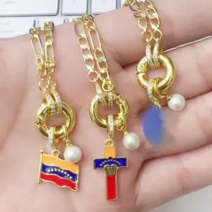 Wholesale Jewelry IG Style Casual Vacation Cross Letter American Flag Copper Zircon 18K Gold Plated Polishing Hollow Out Inlay Figaro Chain Pendant Necklace