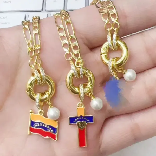 Wholesale Jewelry IG Style Casual Vacation Cross Letter American Flag Copper Zircon 18K Gold Plated Polishing Hollow Out Inlay Figaro Chain Pendant Necklace