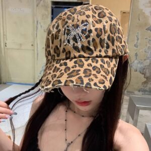 Khaki-leopard print rhinestone butterfly / M(56-58cm)