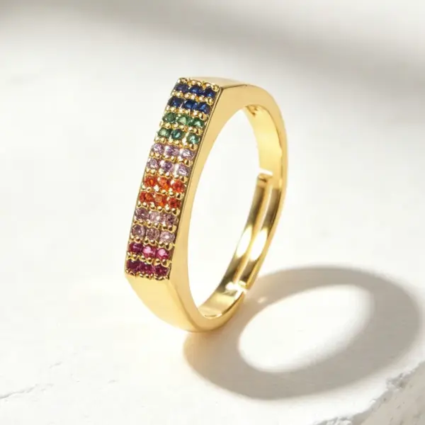 Wholesale Women’s Rectangle Claw Setting Ring In Brass With 18K Real Gold Water Plating And Zircon Inlay