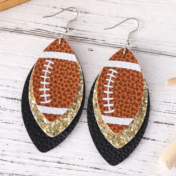 oly-c8f224c9873d87bc664e26e2c2b56f63 Wholesale Rugby Sequins Three-layer Leather Water Drop Pendant Earrings Sports Ear Jewelry Gifts