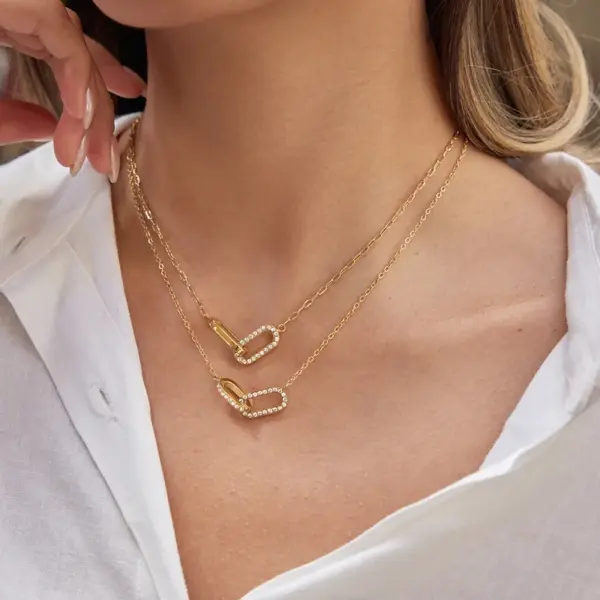 Wholesale Women's Classic Style 18K Gold 304 Stainless Steel + White Rhinestone Double Ring Necklace Earring Set 18K Real Gold Plated Vacuum Electroplating (In Furnace) Zircon Geometric Pattern (Jewelry) Waterproof Non-Fading Asymmetric Handmade Chain Jewelry Set For Women