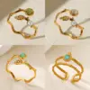 Wholesale 304 Stainless Steel Geometric PVD Coated December Birthstone Turquoise 18K Real Gold Plated Casual Style Round Rings