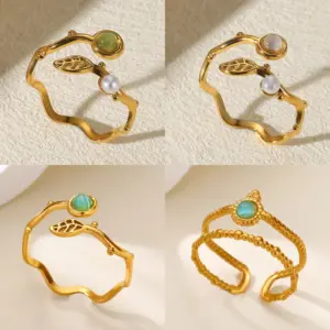 Wholesale 304 Stainless Steel Geometric PVD Coated December Birthstone Turquoise 18K Real Gold Plated Casual Style Round Rings