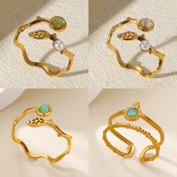 Wholesale 304 Stainless Steel Geometric PVD Coated December Birthstone Turquoise 18K Real Gold Plated Casual Style Round Rings