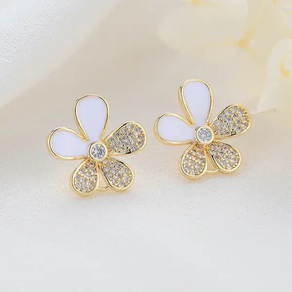 Wholesale Enamel Flowers Stud Earrings In Copper With 14K Real Gold Plated And Rhinestones, Featuring 925 Sterling Silver Ear Pins