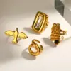 Wholesale Geometric Open Rings For Women In 304 Stainless Steel With Electroplated 18K Real Gold PVD Coating And Tiger Eye Inlay
