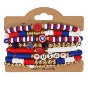Wholesale 71st American Flag Soft Clay Beaded Bracelet Red White Blue Colorful Geometric Resin Inlaid Unisex