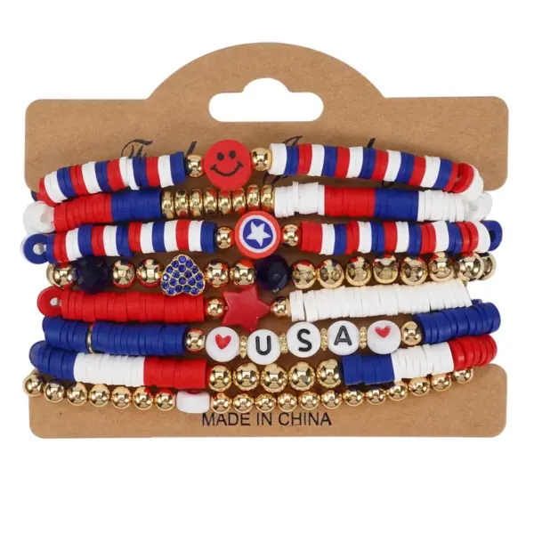 Wholesale 71st American Flag Soft Clay Beaded Bracelet Red White Blue Colorful Geometric Resin Inlaid Unisex