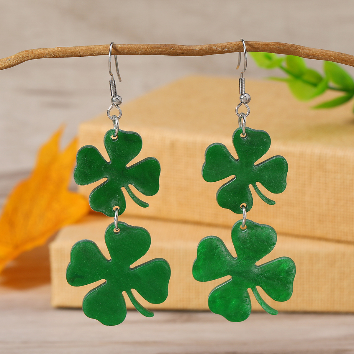 Wholesale St. Patrick's Day Carnival Korean-style Cool All-match Green Acrylic Glitter Lucky Four-leaf Clover Ear Hook for Women