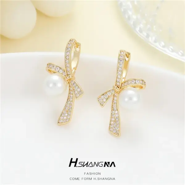 Wholesale Bow Tie Earrings For Women With Bezel Setting, Electroplated Copper And Zircon Inlay, Featuring 925 Sterling Silver Posts