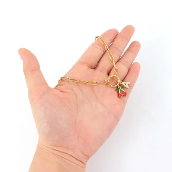 Wholesale Vacuum Plating 18K Real Gold Plated Letter Cherry 201 Stainless Steel Copper Sweet Simple Style Classic Style 201 Stainless Steel Spring Ring Trigger Clasp Closure Pendant Necklace