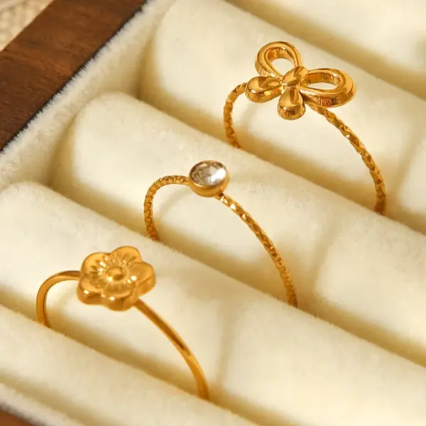 Wholesale 304 Stainless Steel Flower Bow Knot PVD Coated Zircon 18K Gold 18K Real Gold Plated IG Style Simple Style Waterproof Non Tarnish Inlay Gold Open Rings