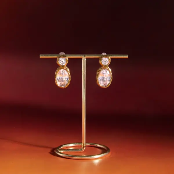 Wholesale Oval Waterproof Non Tarnish Earrings For Women, 304 Stainless Steel With 18K Real Gold PVD Coated Plating And Zircon Inlay