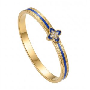 Four-flower gemstone blue epoxy multi-diamond / True gold plating in full-body stainless steel furnace