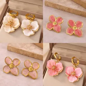 Wholesale Waterproof Non Tarnish Flowers Earrings For Women, 18K Real Gold Plated With Zircon Inlay, PVD Coated 304 Stainless Steel