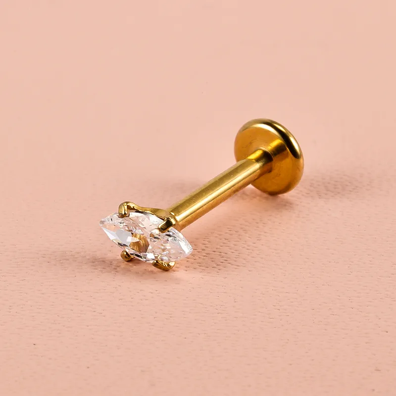Wholesale 1 Piece Lip Rings Simple Style Solid Color 316L Stainless Steel Waterproof Non Tarnish Surgical Steel Zircon Vacuum Plating 18K Gold Plated