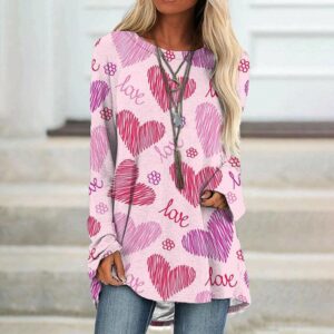 Wholesale 2024 Cross-borDer Spring New 3D ValenTine's Day HearT PrinT European anD American Women's Casual Loose RounD Neck Long-sleeveD T-shirT