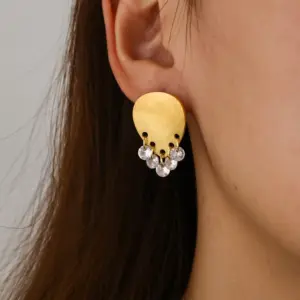 Wholesale 18K Gold Plated 304 Stainless Steel Vacuum Electroplating (In Furnace) Rhinestone Geometric Brushed Earrings For Women Independence Day