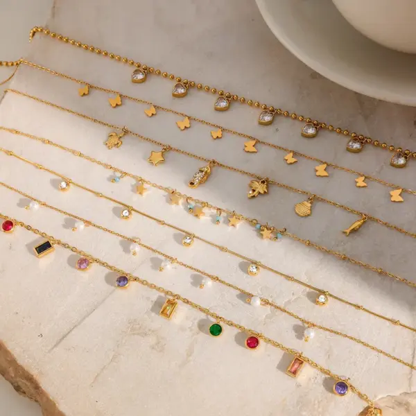 Wholesale Women's Style - Vacation Style / 18K Gold Stainless Steel + Rhinestone / Versatile Colored Diamond Pendant Necklace 40+5CM