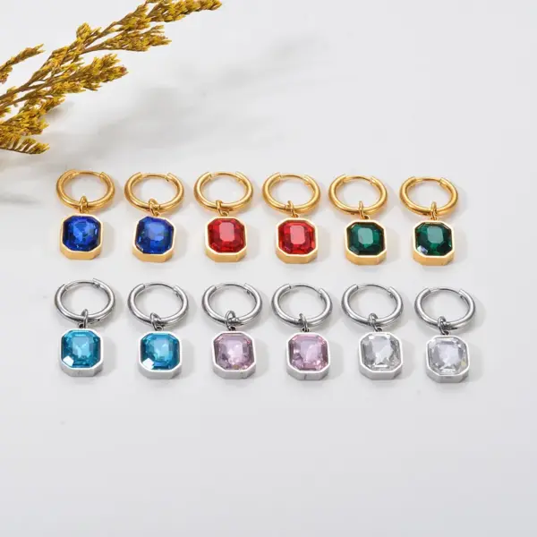Wholesale 1 Pair Simple Style Square Plating Inlay Stainless Steel Glass Drop Earrings