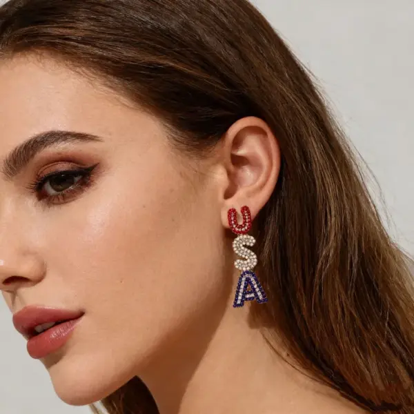 Wholesale Fashionable Diamond Earrings Women's Independence Day Anniversary Drop Earrings Alloy Zinc Earring Post USA Style Jewelry