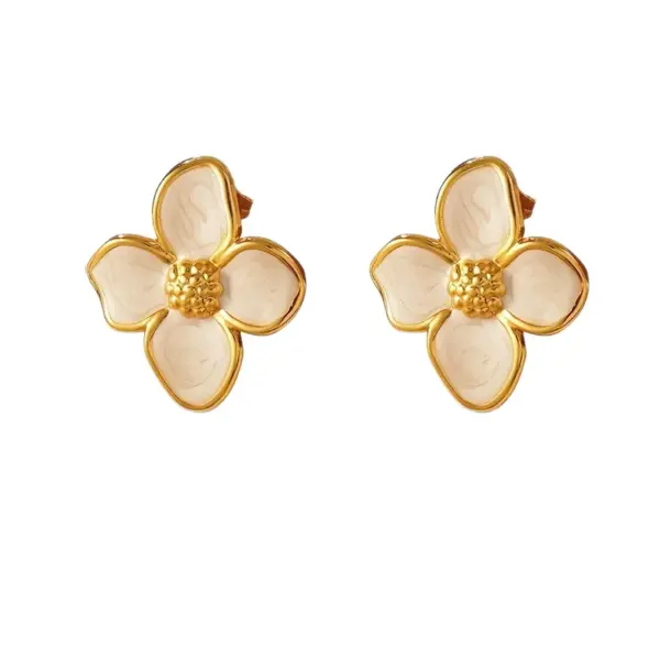 Wholesale Women’s Enamel Flowers Stud Earrings Made Of Titanium Steel With Electroplated Gold Plating Process