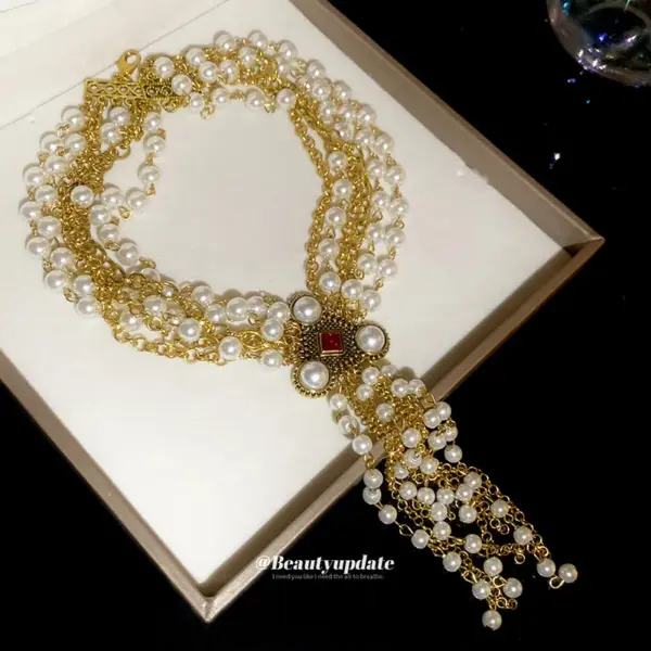 Wholesale Layered Tassel Pearl Necklace For Women With Imitation Pearl And Rhinestone Inlay, Alloy Pendant