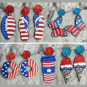 Wholesale Earrings Wooden Printed American National Day July 4 Independence Day Ornament Donut Earrings