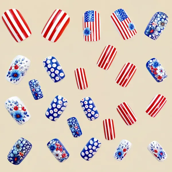 Wholesale Blue Press-on Nail Stickers Medium Length European Square Independence Day Floral Nail Art Decoration Polyester Fiber