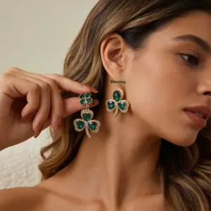 Wholesale Simple Style Green Flower Stud Earrings For Women, Made Of Zinc Alloy With Zircon Inlay