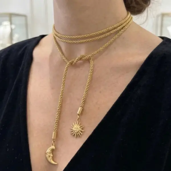 Wholesale Sun Long Necklace For Women, 304 Stainless Steel, 18K Gold Plated PVD Coated, Waterproof, Round Bead Chain