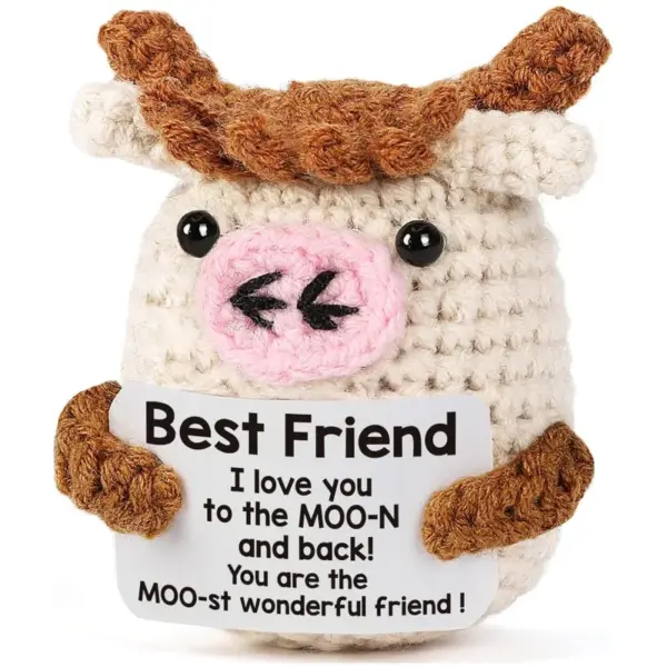 Wholesale Knitted Wool Doll Positive Energy Cartoon Crochet Cow Funny Expression Plush Toy Text Natural Scene Decoration