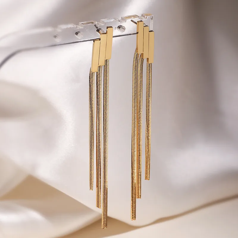 Wholesale Minimalist Vacuum Electroplated 18K Gold Tassel 304 Stainless Steel Earrings For Women Vintage Geometric Earrings