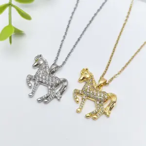 Wholesale Handmade Horse Necklace For Women In 201 Stainless Steel With Golden Plated Electroplated Finish And Zircon Inlay On Cable Chain