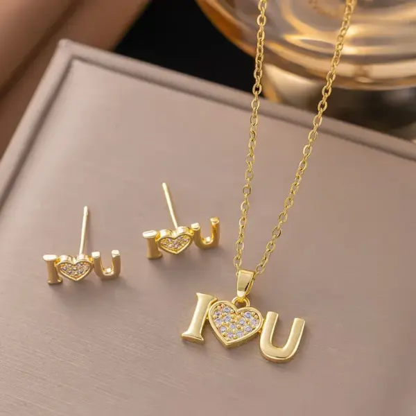 Wholesale Love Jewelry Set For Women Featuring Inlay Artificial Rhinestones With 18K Real Gold Plated Copper And Water Plating On Cable Chain