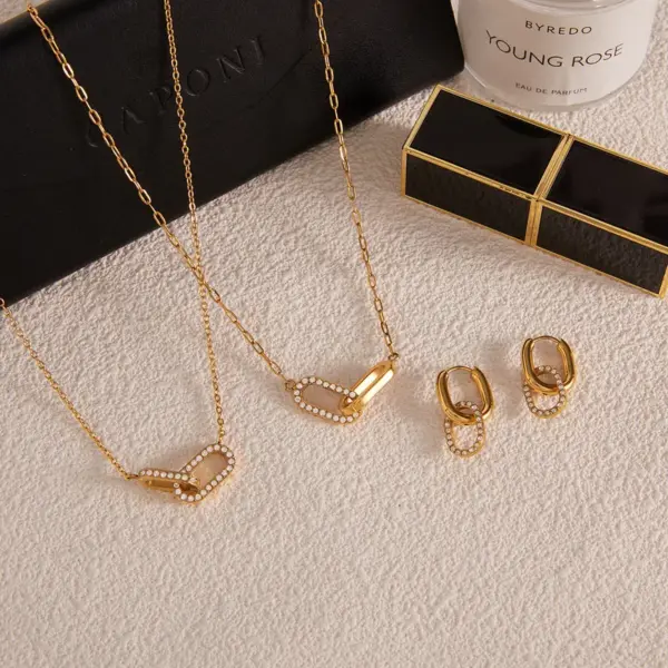 Wholesale Women's Classic Style 18K Gold 304 Stainless Steel + White Rhinestone Double Ring Necklace Earring Set 18K Real Gold Plated Vacuum Electroplating (In Furnace) Zircon Geometric Pattern (Jewelry) Waterproof Non-Fading Asymmetric Handmade Chain Jewelry Set For Women