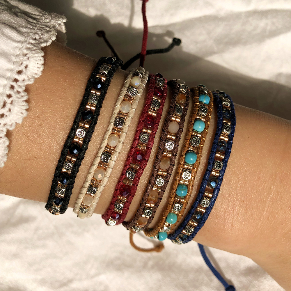 Wholesale European and American color narrow round double braided rope bracelet AliExpress ethnic style exotic retro silver beaded jewelry