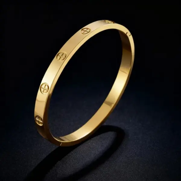 Wholesale Geometric Hypoallergenic Bangle For Women In 304 Stainless Steel With 14K Real Gold Electroplated And Rhinestone Inlay