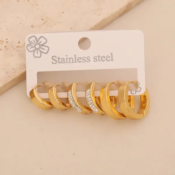Wholesale 3 Pairs Of Rhinestone Plain Hoop Earrings, Light Luxury Titanium Steel Studs, High-End Versatile 304 Stainless Steel Vacuum Electroplated (Fired) 18K Real Gold Plated Elegant Earrings