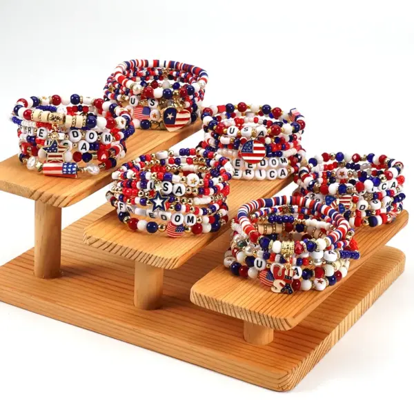Wholesale 75th National Day Bracelet American Flag Beaded Bracelet Patriotic Veterans Day Geometric Adjustable Buckle Unisex