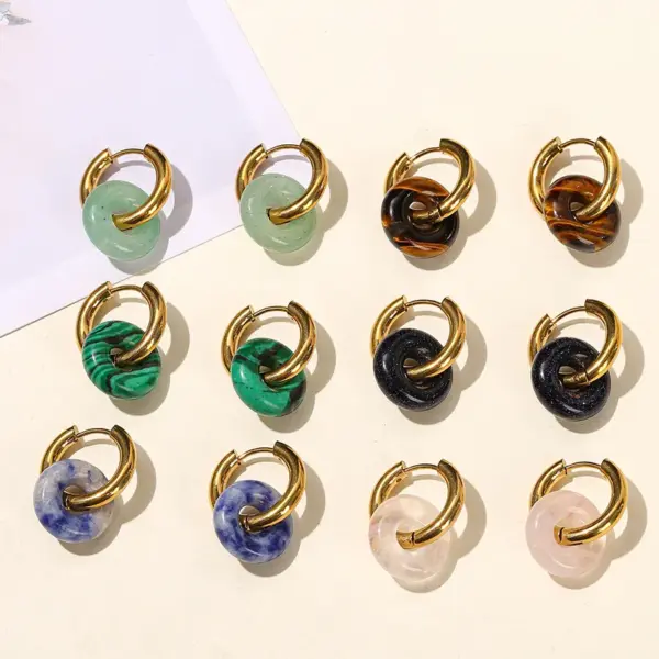 Wholesale JD Jewelry Fashion High-End Feel Earrings Natural Green Titanium Steel Gold-Plated Vacuum Electroplating Geometric Pattern Pink Crystal Bread Hoop Earrings