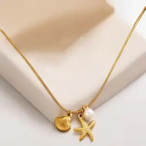 X0344-Pearl Starfish Shell Necklace- Gold