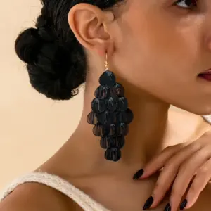 Wholesale Bohemian Dyed Black Tassel Leaves Ear Hook Earrings For Women In KC Golden Plated Alloy