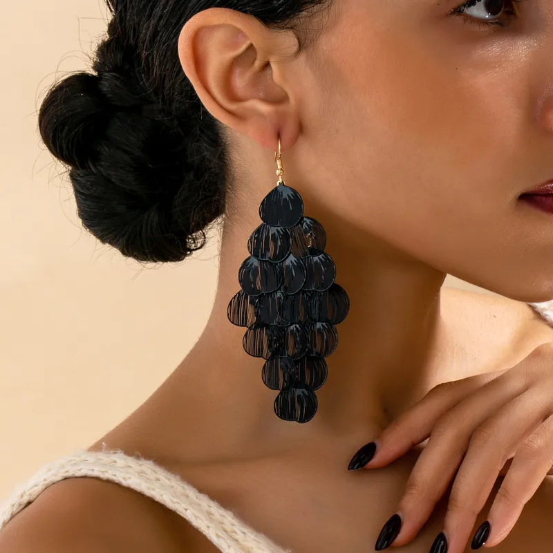Wholesale Bohemian Dyed Black Tassel Leaves Ear Hook Earrings For Women In KC Golden Plated Alloy