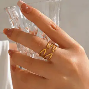 Wholesale Ion Plating (IP) 18K Gold Plated Lines 304 Stainless Steel Casual Hip-Hop Rock Waterproof Non Tarnish Open Rings - Nihaojewelry
