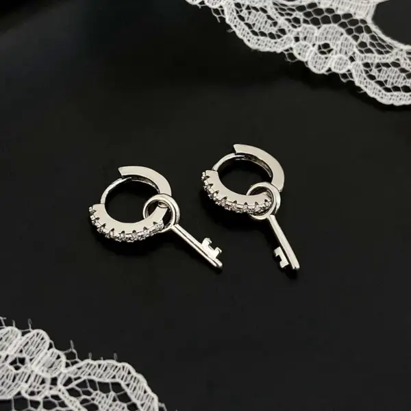 Wholesale Ins Style Simple Key Earrings Copper Inlaid Zircon Hoop Fashion Women's Earrings Daily Wear Dangling Earrings Imitation Gold Plated Universal Electroplated