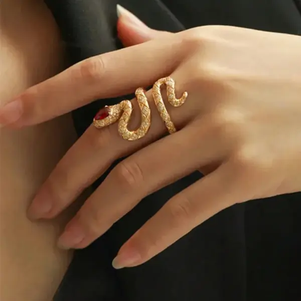 Wholesale Women’s Snake Open Ring With Claw Setting, Copper Base With KC Golden Water Plating, Featuring Zircon Inlay
