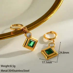 Diamond-shaped White and Green Zirconium Earrings