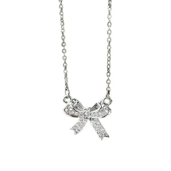 Wholesale Women’s Bow Tie Pendant Necklace With Inlay Artificial Rhinestones, 18K Real Gold Plated Copper, Water Plating On Cable Chain